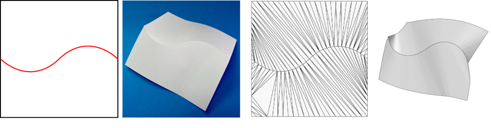 A crease pattern and a photograph of the folded paper. Triangulated crease patterns and simulated shapes with the Origami Simulator, constrained Delaunay triangulation, and proposed triangulation.